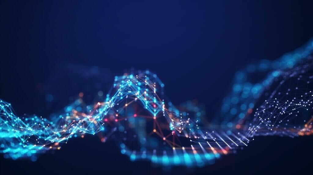 Abstract connected dots and lines. Concept of AI technology, Motion of digital data flow. Communication and technology network concept with moving lines and dots. 3D rendering