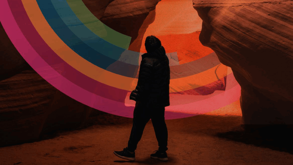 excerpt of a cover featuring a child looking up in a canyon